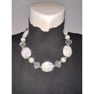 White Marbled Stone and Clear Beaded Chunky Statement Necklace Silver Tone